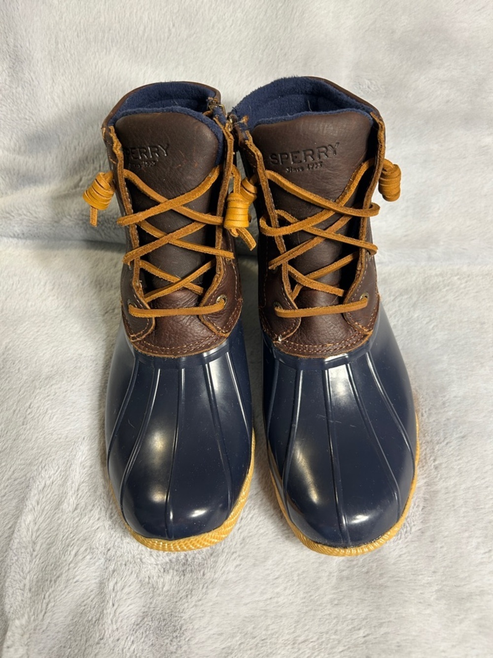 Sperry Navy and Brown Waterproof Lace-Up Duck Boots Size 7.5
